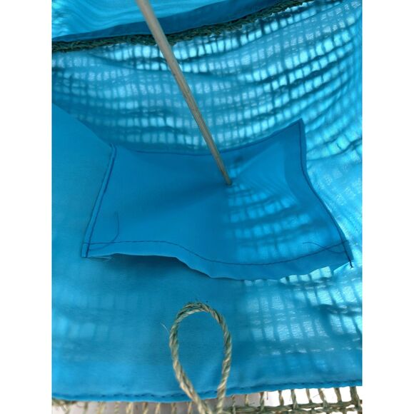 Jute Tote Aqua Polyester Fabric Lining With Interior Pocket Wood Button Closure - Picture 5 of 8